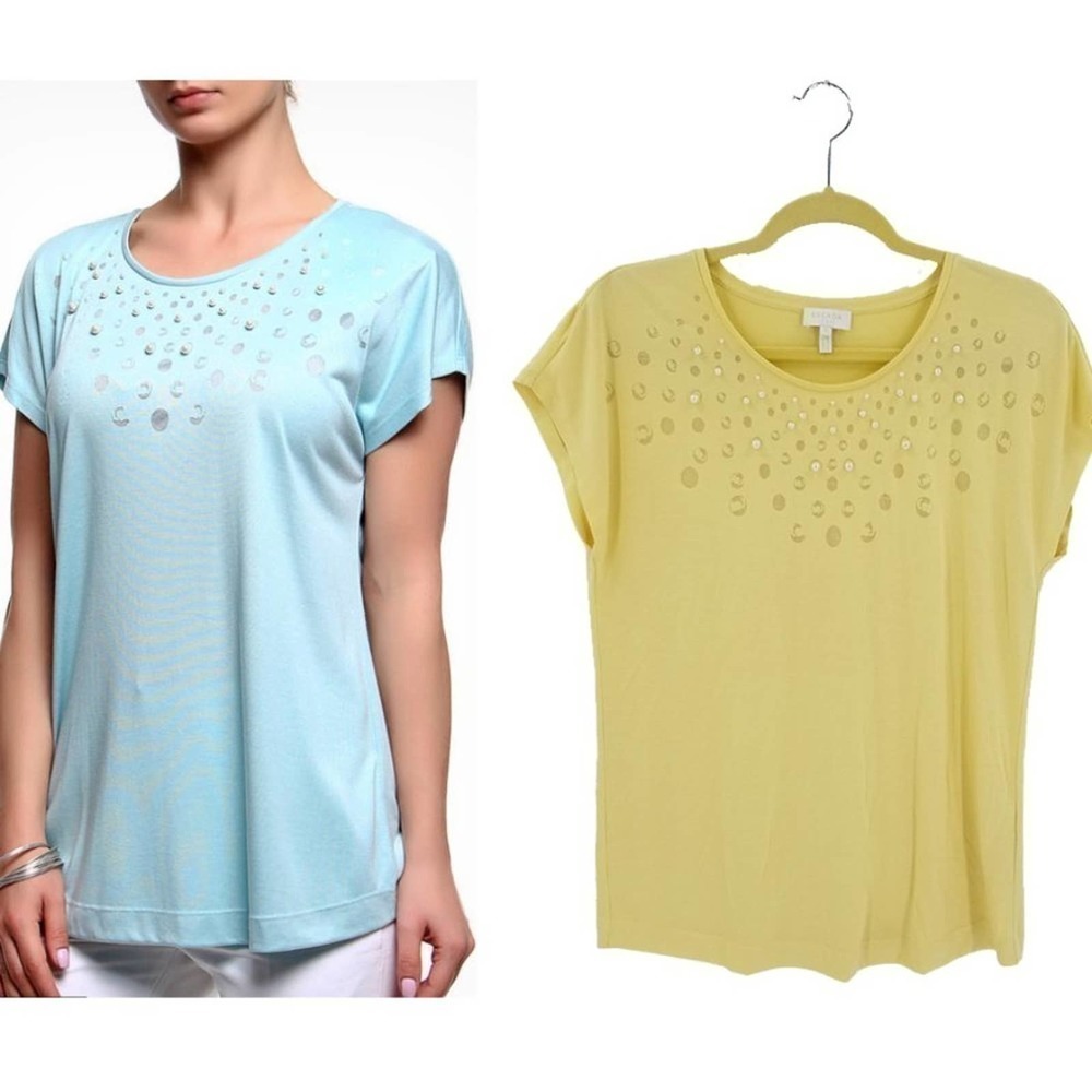 Escada Pearl Pattern Round Neck Short Sleeve T-Shirt Blouse Top Yellow Size S